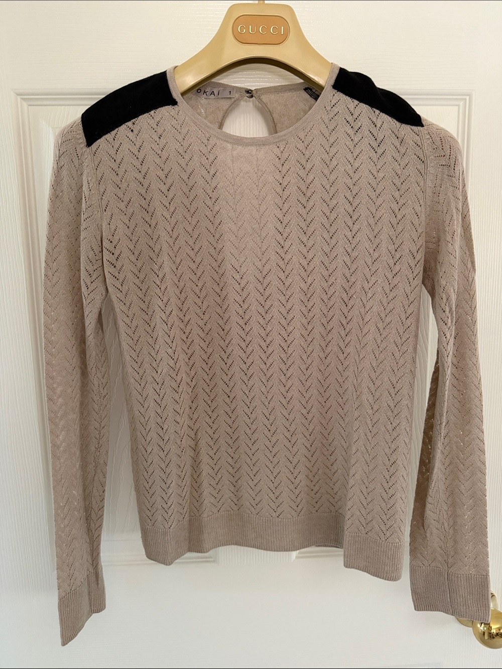 Kookai women’s Beige Knit Sweater with Black Shoulder Accents